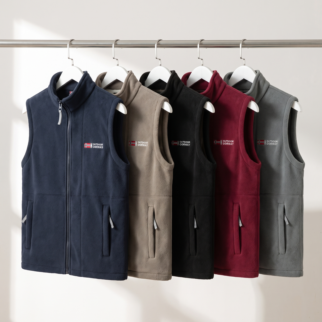The fleece vest in all five colourways: navy, khaki, black, red and grey