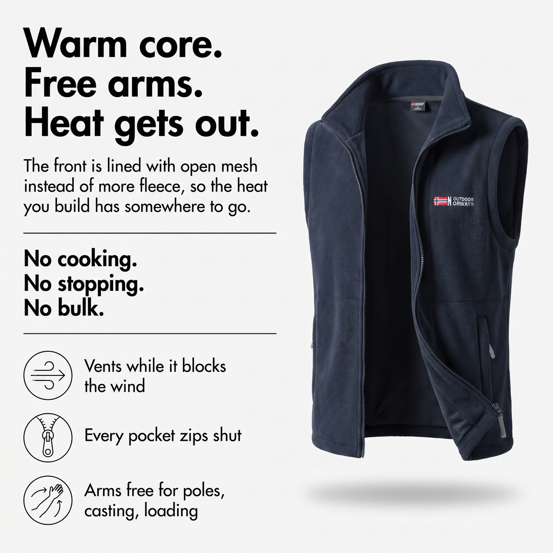 Warm core, free arms, heat gets out: mesh-lined front panels explained
