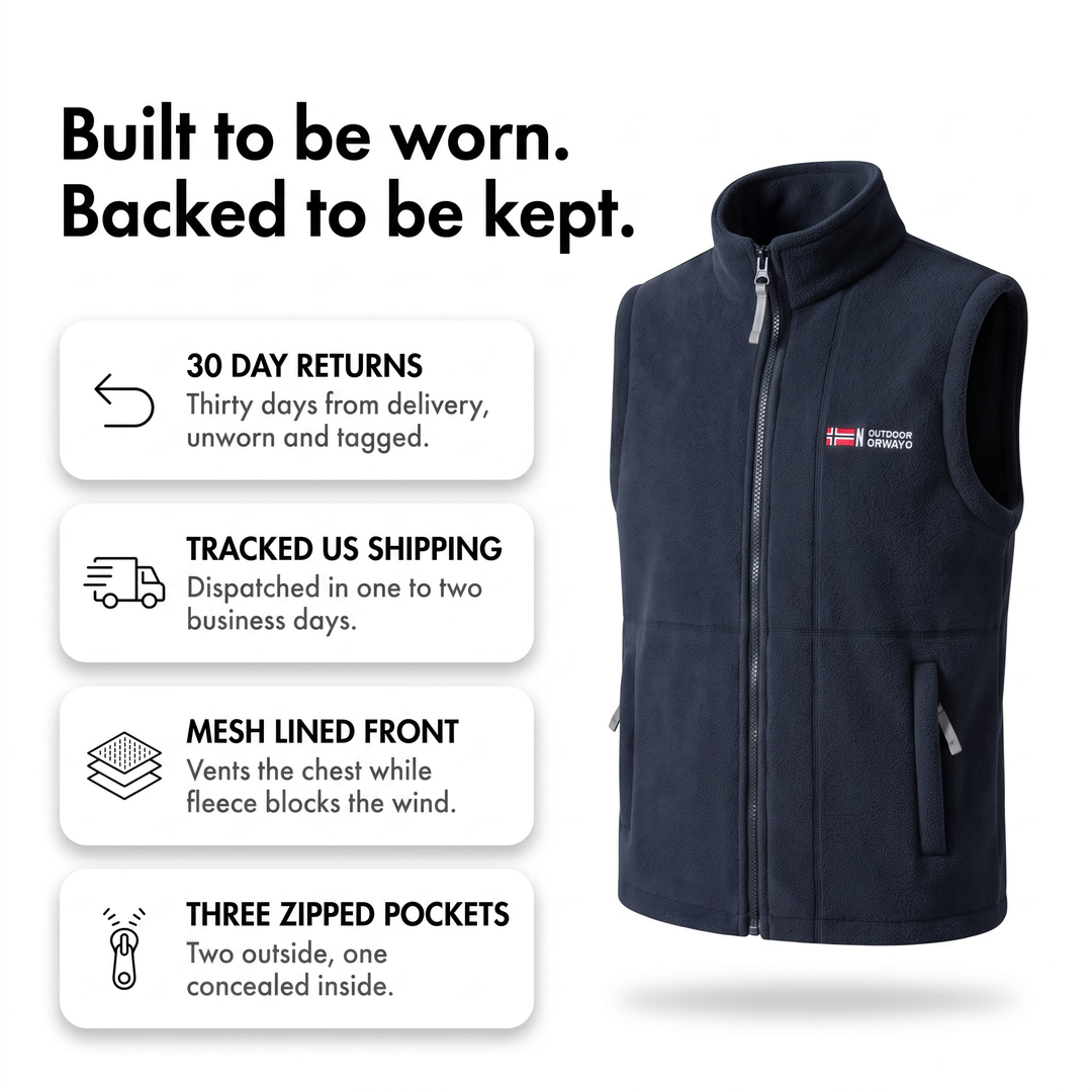 30 day returns, tracked US shipping, mesh lined front, three zipped pockets