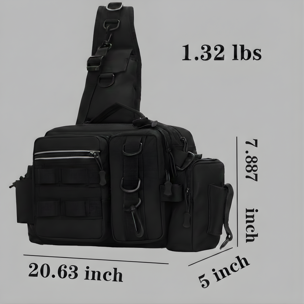 Black sling bag with measurements on a gray background