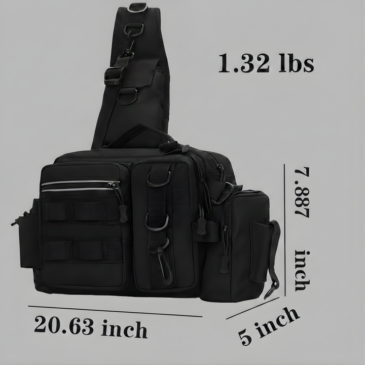 Black sling bag with measurements on a gray background