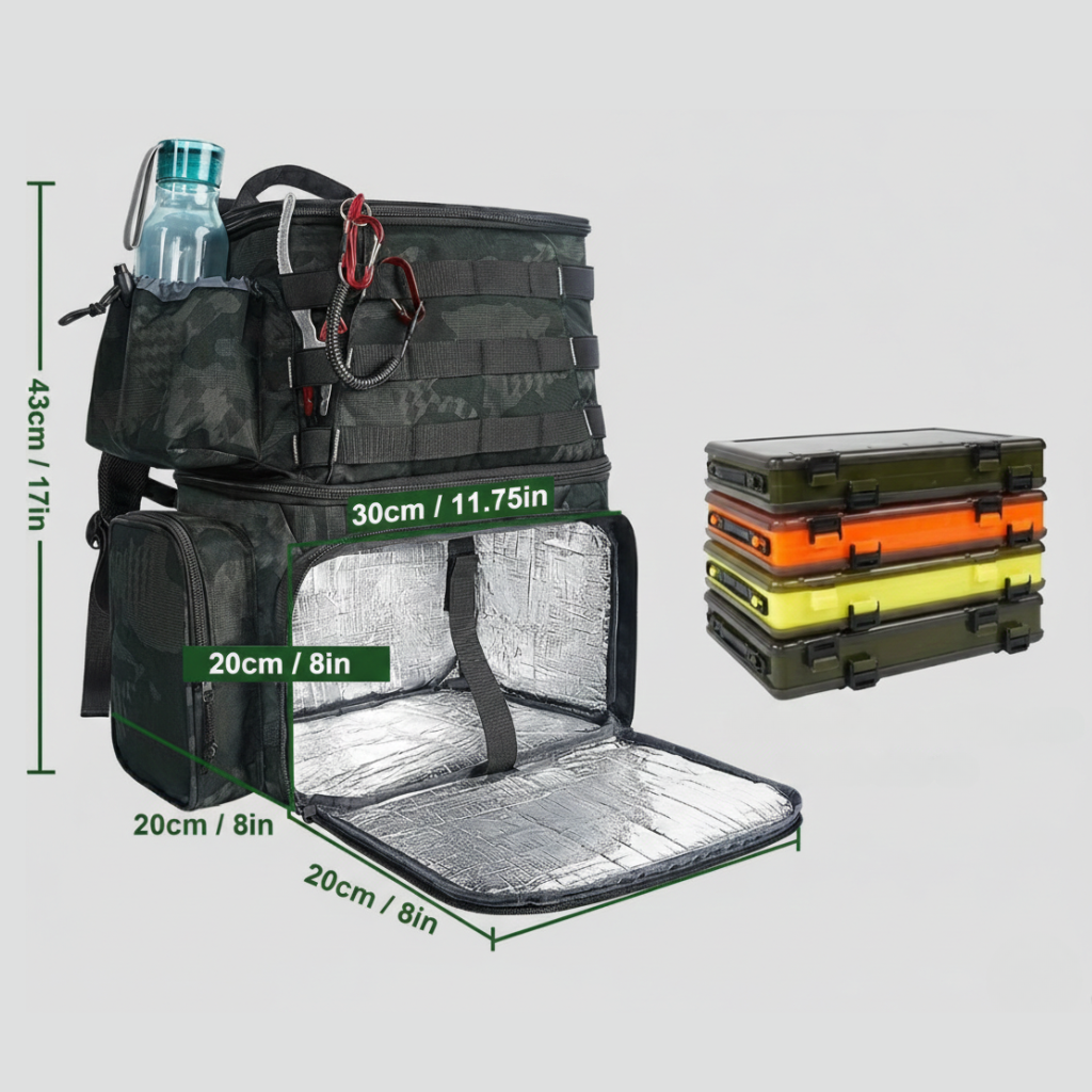 Fishing Backpack with Cooler Compartment and Rod Holder | Multi-Pocket Outdoor Gear Storage