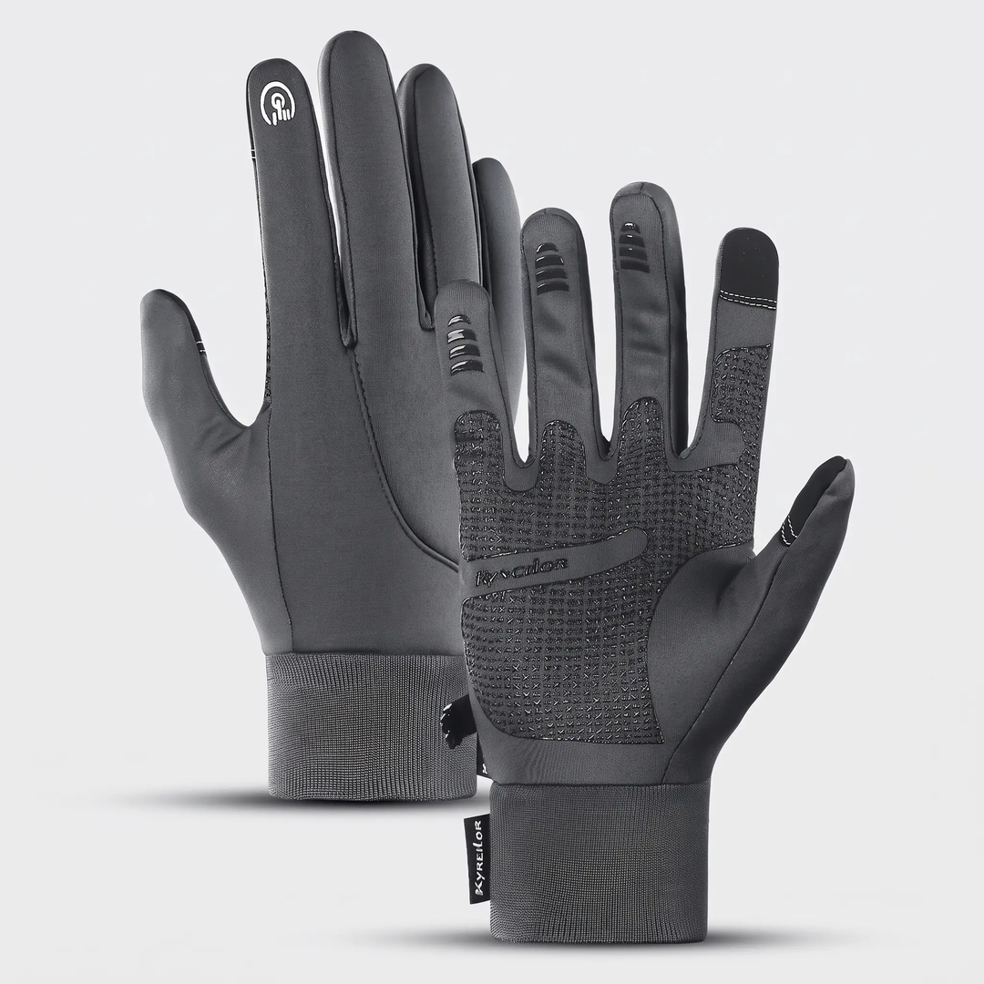 Running gloves in dark gray, back of one glove and palm of the other