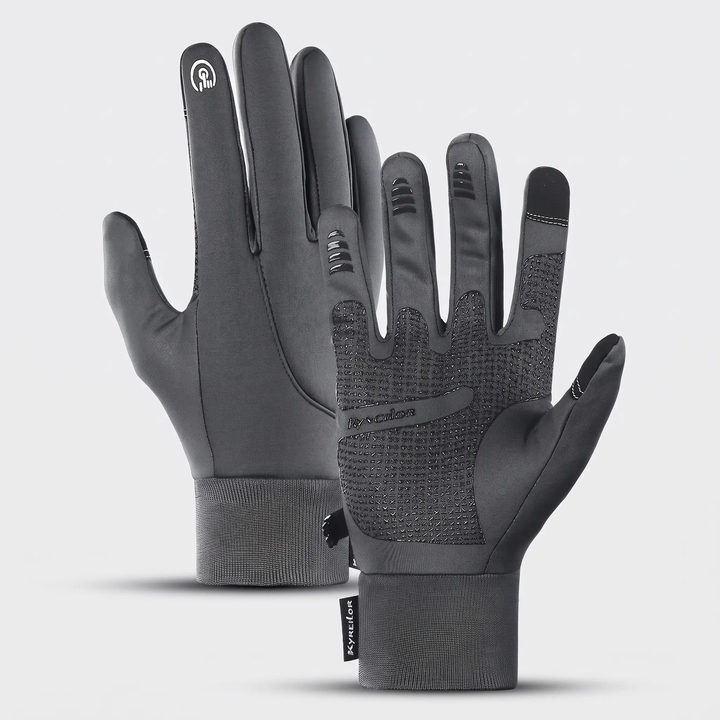 Running gloves in dark gray, back of one glove and palm of the other