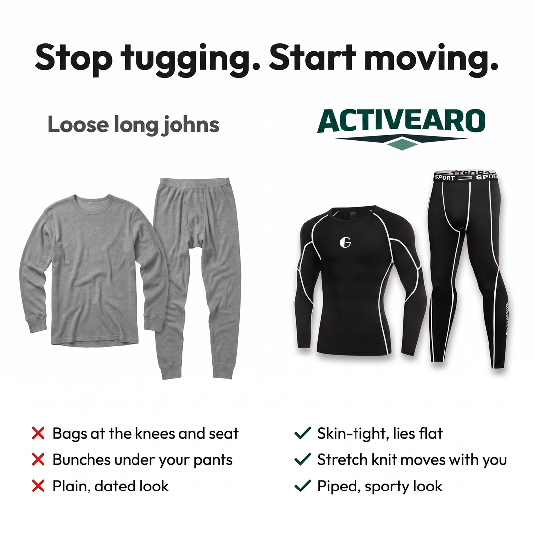 Loose long johns vs the Activearo base layer set: skin-tight, lies flat, stretch knit moves with you