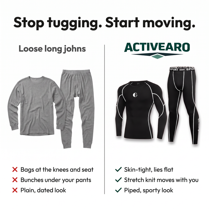 Loose long johns vs the Activearo base layer set: skin-tight, lies flat, stretch knit moves with you