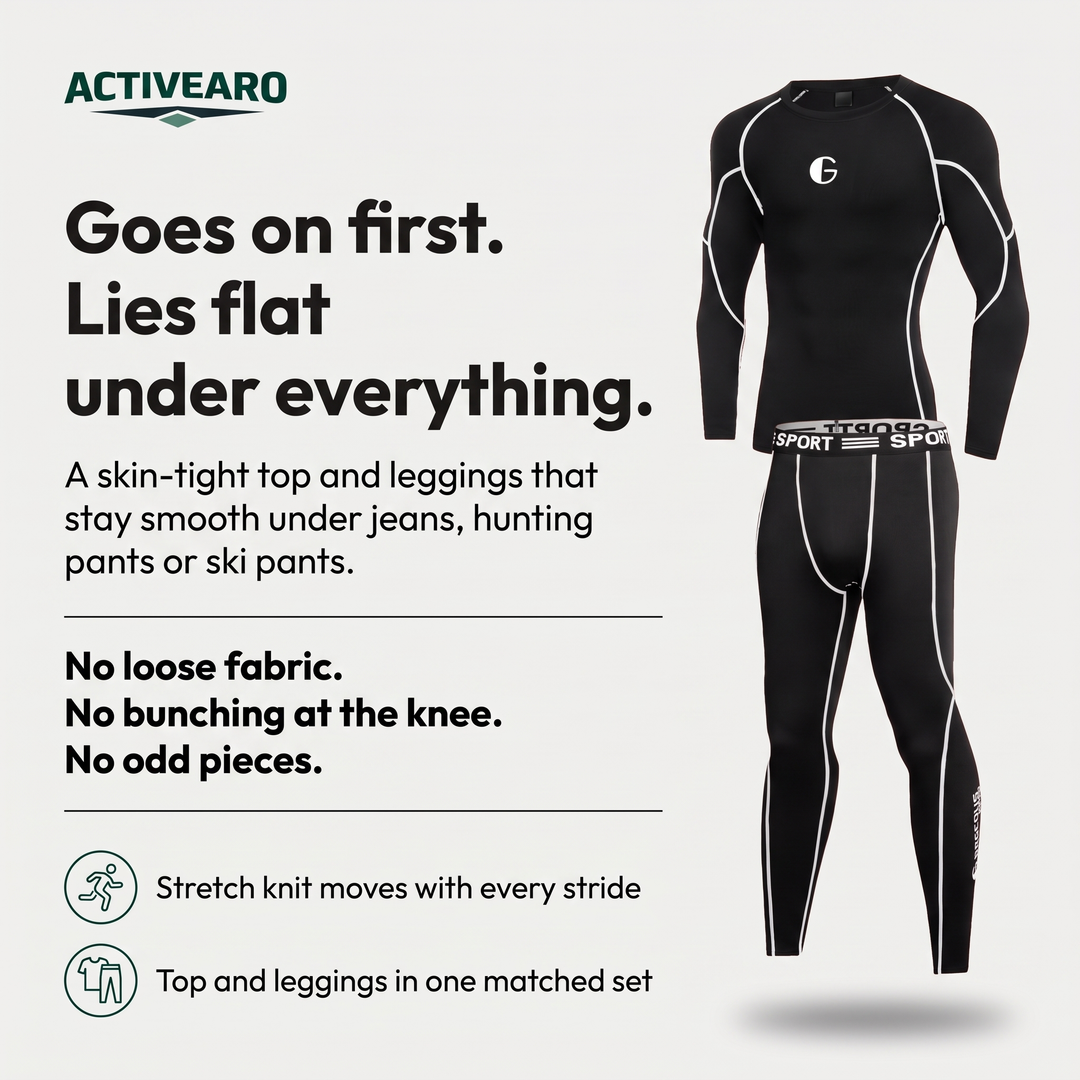 Goes on first, lies flat under everything: skin-tight top and leggings with no loose fabric and no bunching at the knee