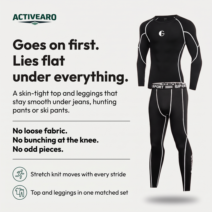 Goes on first, lies flat under everything: skin-tight top and leggings with no loose fabric and no bunching at the knee