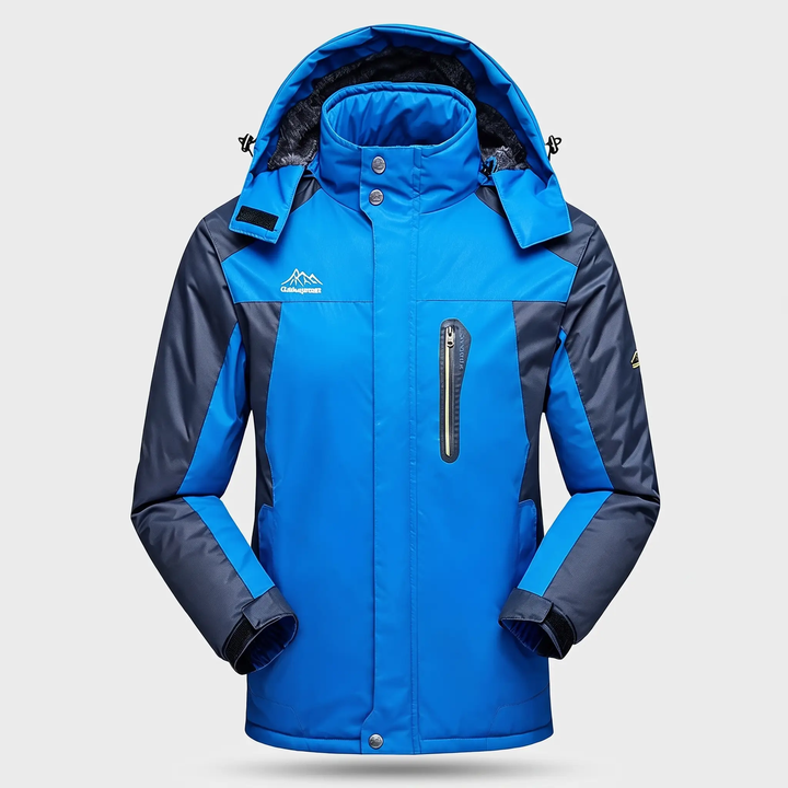 Men's fleece lined parka in Ocean Blue with hood, front view