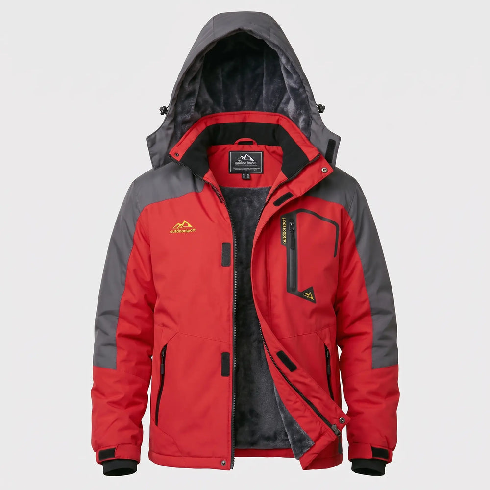 Red men's fleece lined ski jacket with hood, front open on the plush lining
