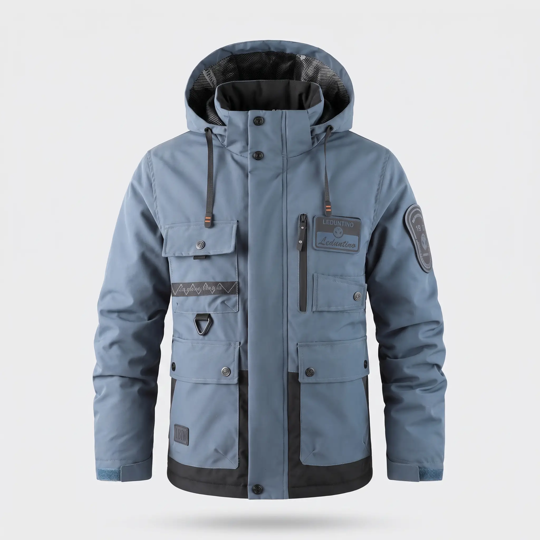 Men's hooded windbreaker jacket in Slate Blue with black lower panels, front view