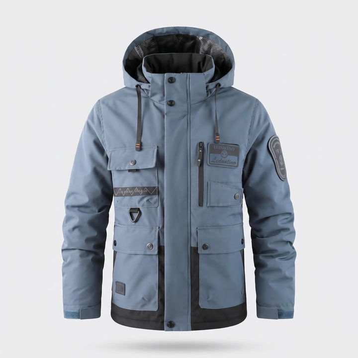 Men's hooded windbreaker jacket in Slate Blue with black lower panels, front view