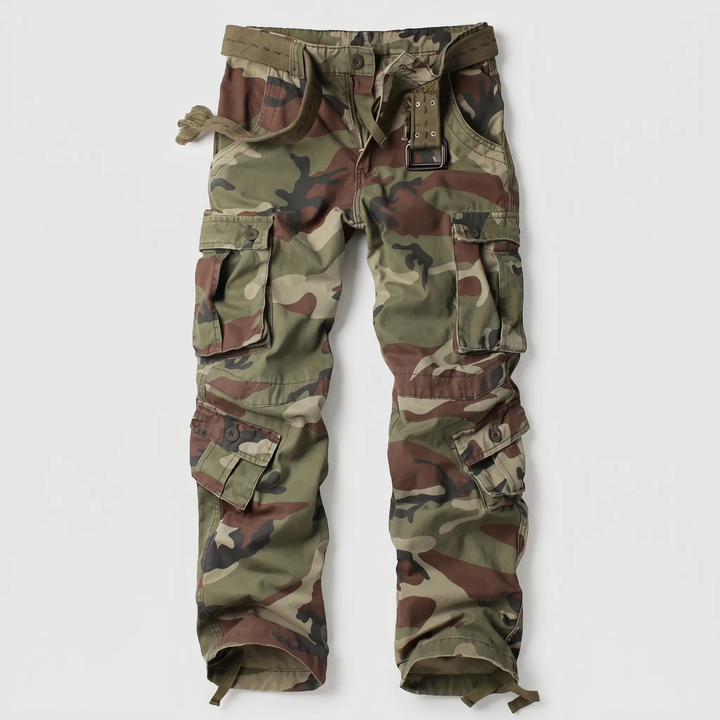 Men's camo cargo pants in Woodland Camo with canvas belt, front view