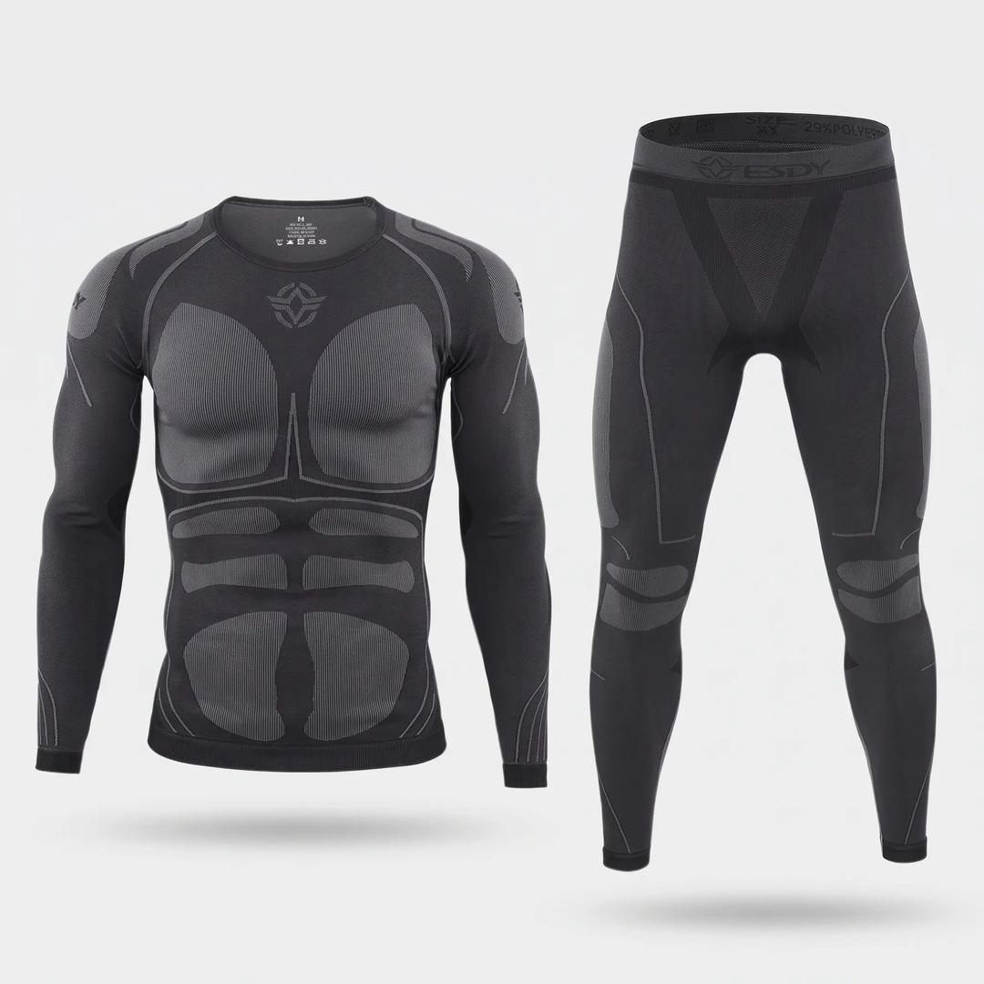 Men's thermal long johns set top and pants in black, front view