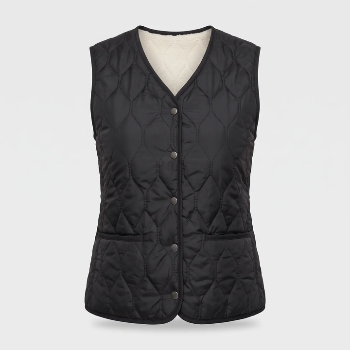 Women's puffer vest in Black - quilted sherpa lined winter vest, front view