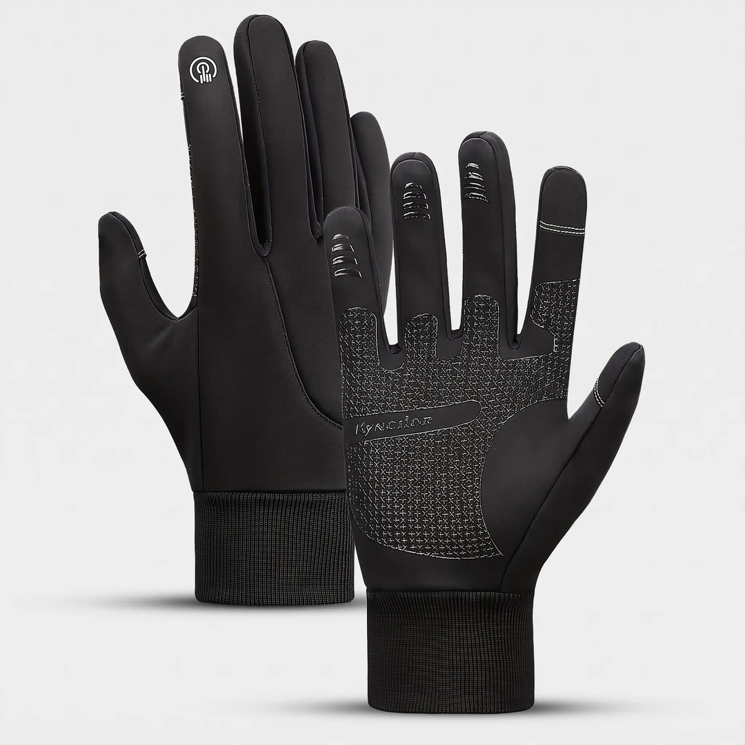 Running gloves in black, back of one glove and palm of the other, touchscreen thumb and index tips and silicone grip palm