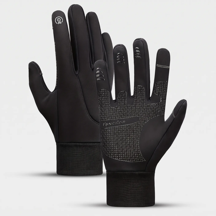 Running gloves in black, back of one glove and palm of the other, touchscreen thumb and index tips and silicone grip palm