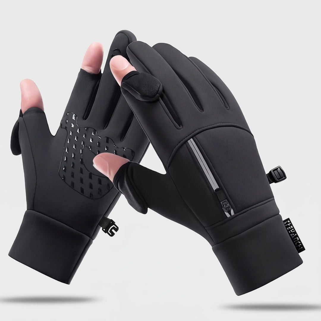 Flip finger fishing gloves in black, palm and back view with thumb and index tips folded back