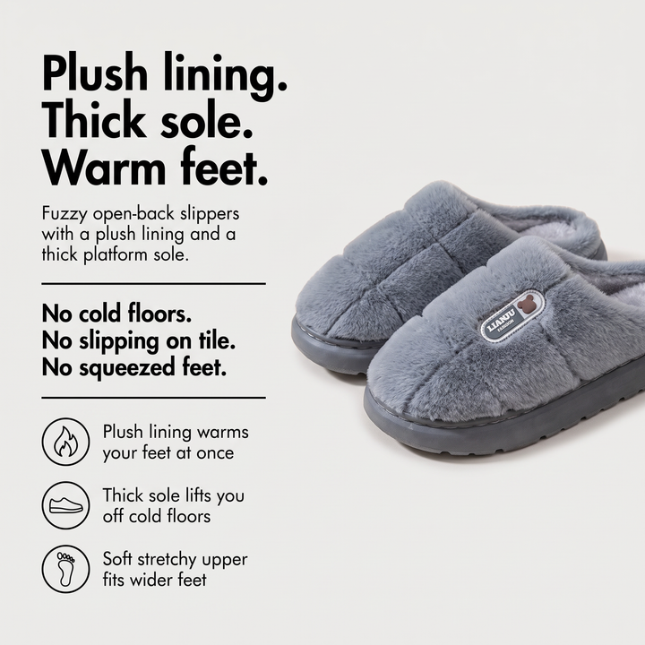 Fuzzy slippers benefits: plush lining, thick platform sole, soft stretchy upper