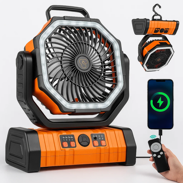 Camping Fan with Light & Power Bank – 3-in-1 Rechargeable Outdoor Fan