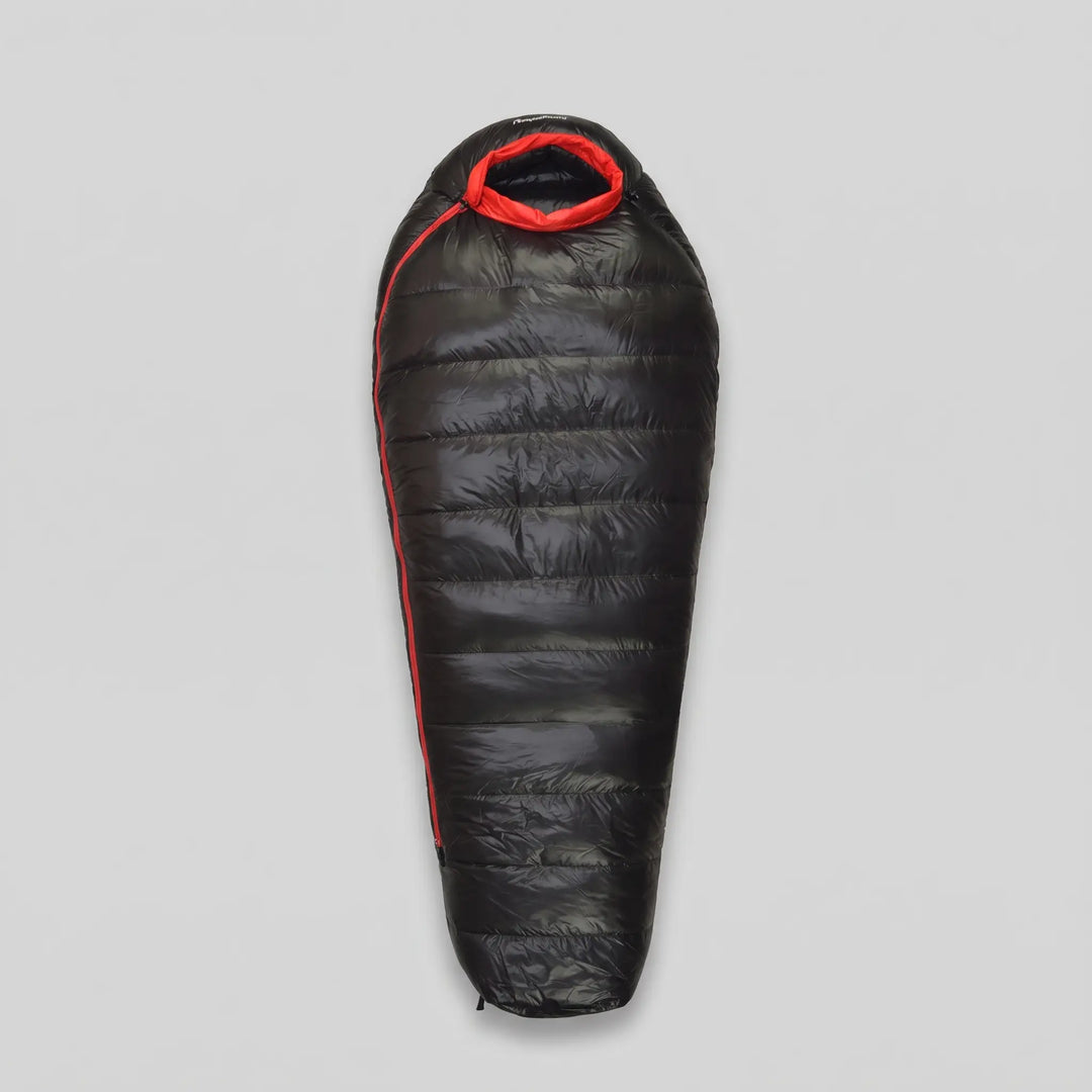Black down mummy sleeping bag laid flat, full length, with red zipper and red hood trim