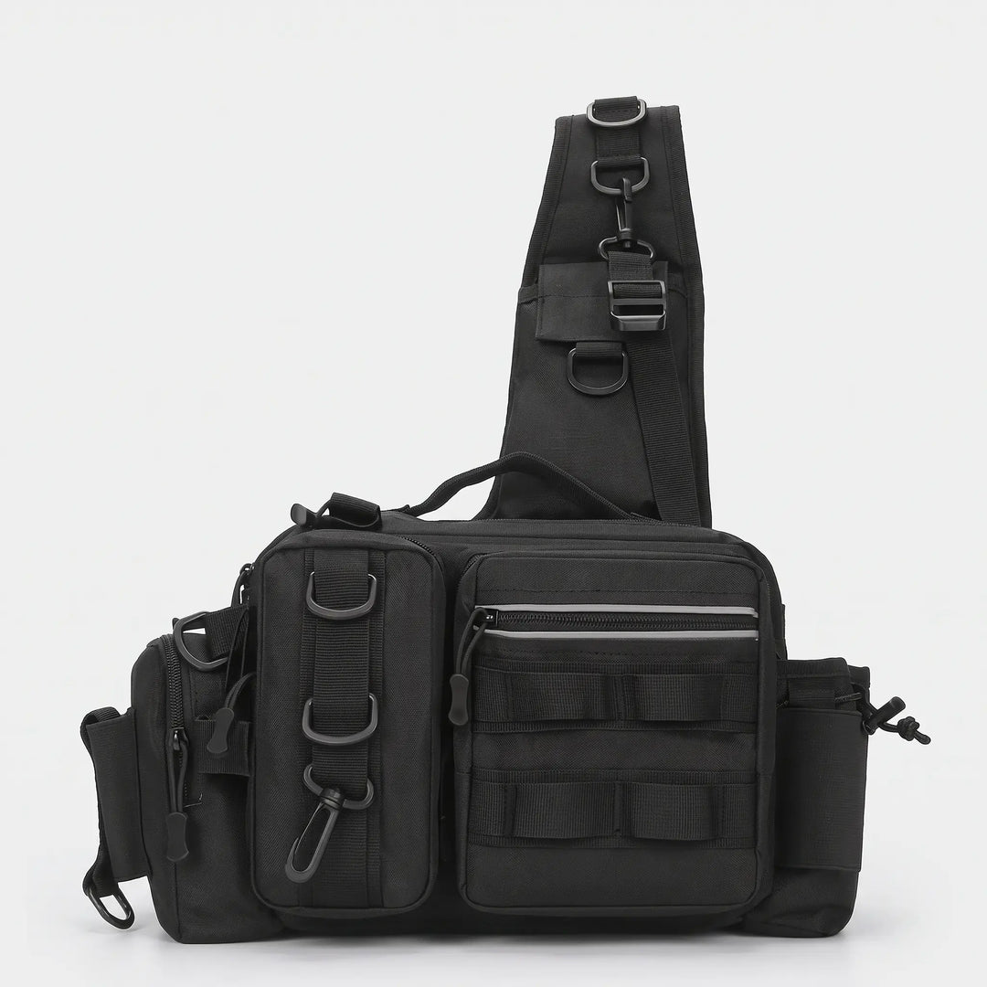 Fishing sling bag in Black, front view