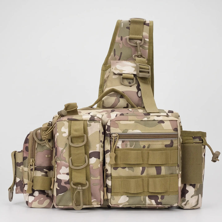 Fishing sling bag in Camo, front view with padded strap, D-ring pouch, MOLLE pocket and bottle pocket
