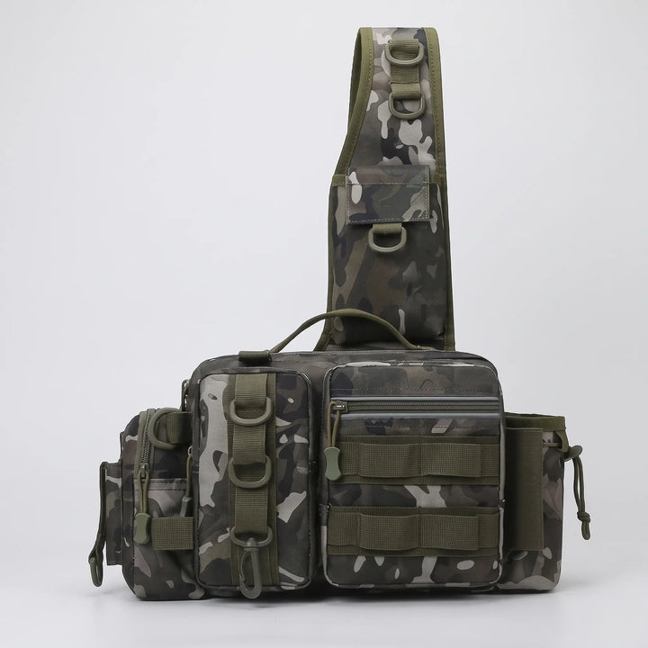Fishing sling bag in Dark Camo, front view