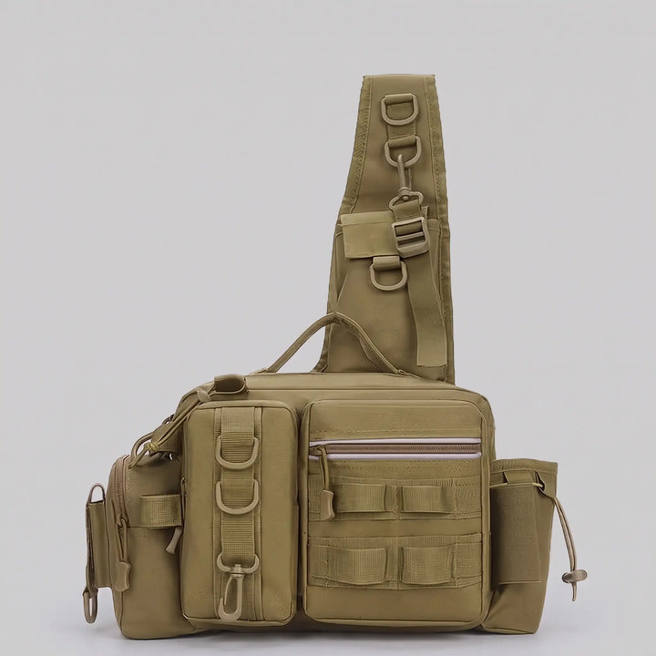 Fishing sling bag in Khaki, front view