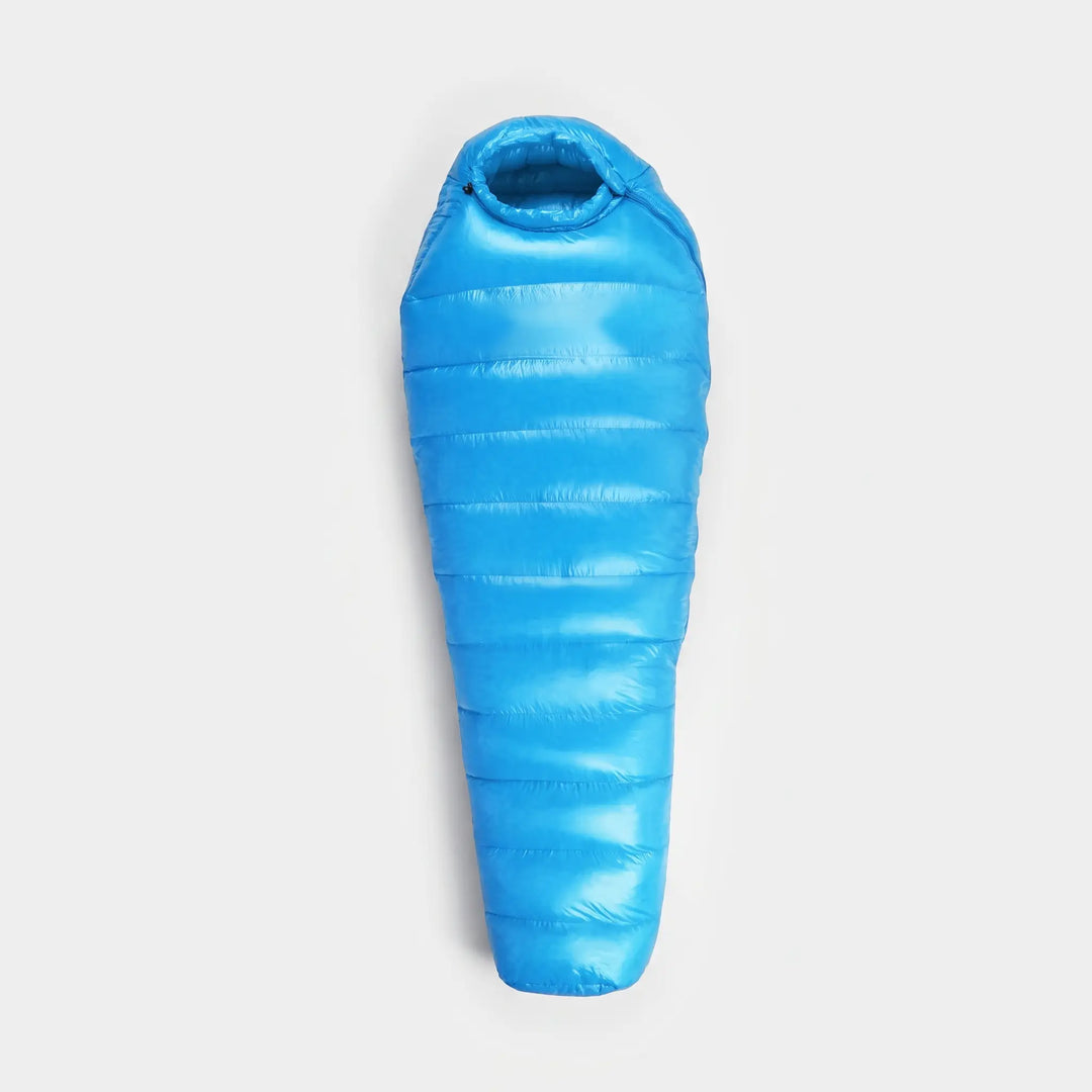 Light blue down mummy sleeping bag laid flat, full length