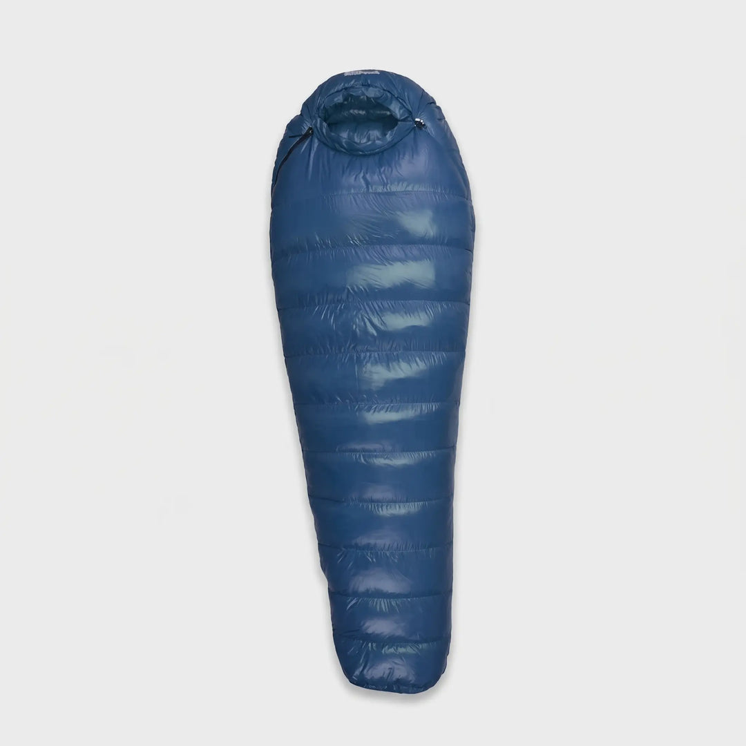 Navy blue down mummy sleeping bag laid flat, full length