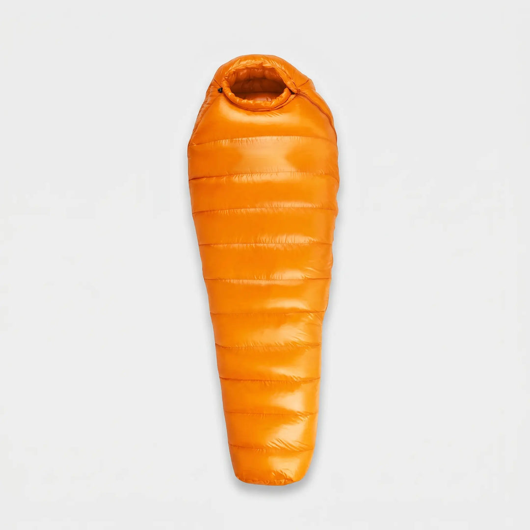 Orange down mummy sleeping bag laid flat, full length