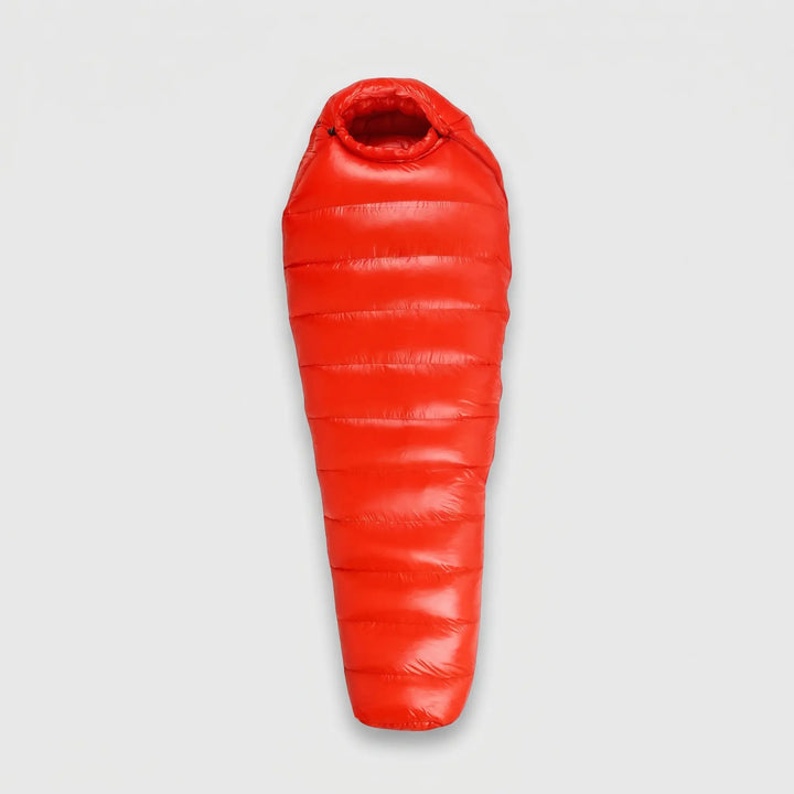 Red down mummy sleeping bag laid flat, full length