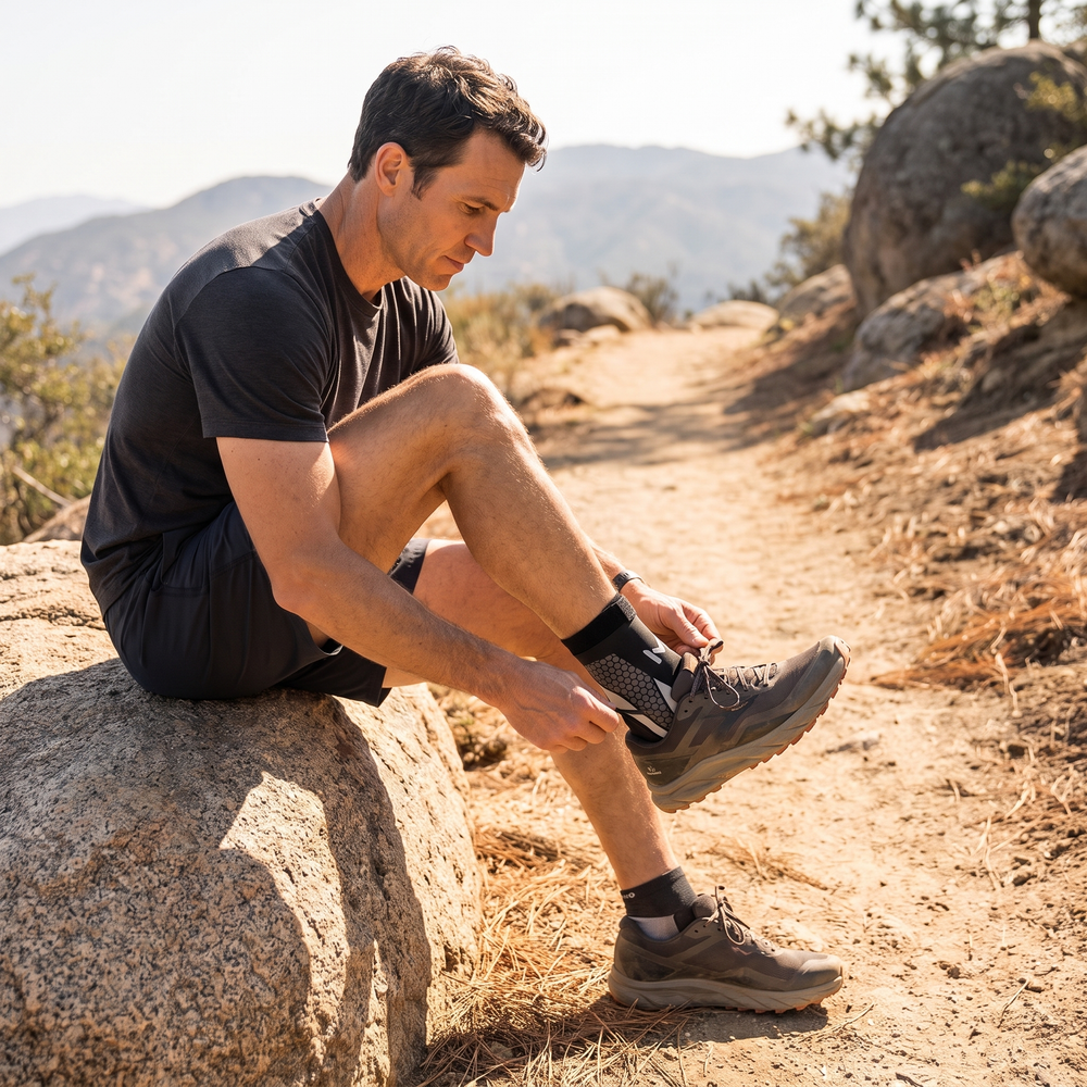 Hiker wearing the compression ankle brace in Black Gray while lacing a trail shoe