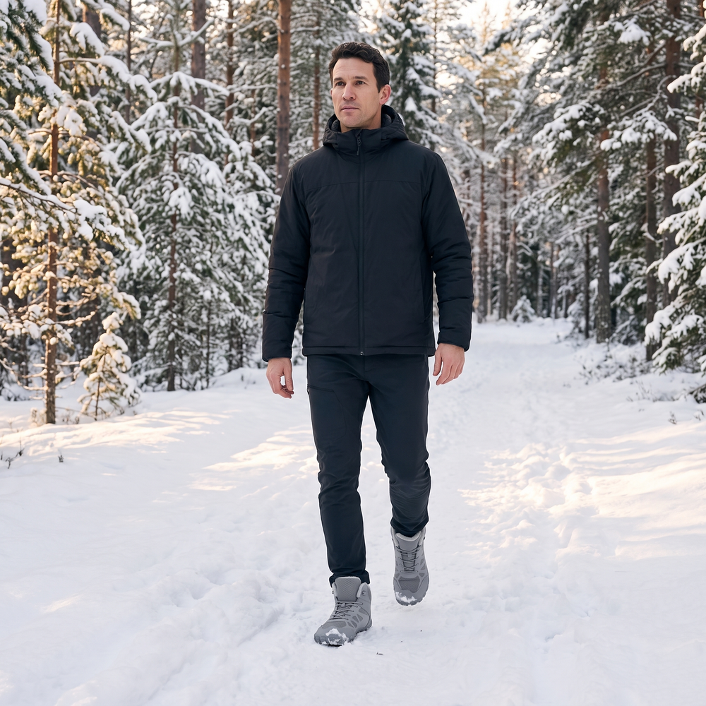 Man walking a snowy forest trail in the barefoot winter boots in Gray