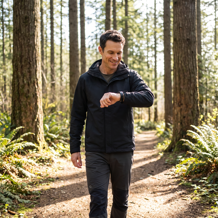 Man on a forest trail checking the fitness tracker watch on his wrist