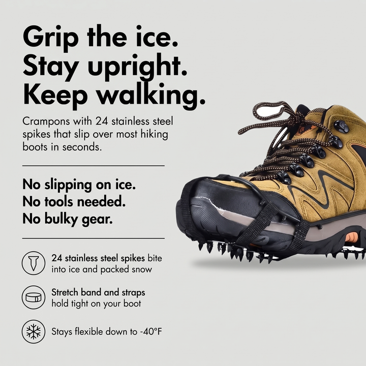 Crampons with 24 stainless steel spikes and stretch band for hiking boots