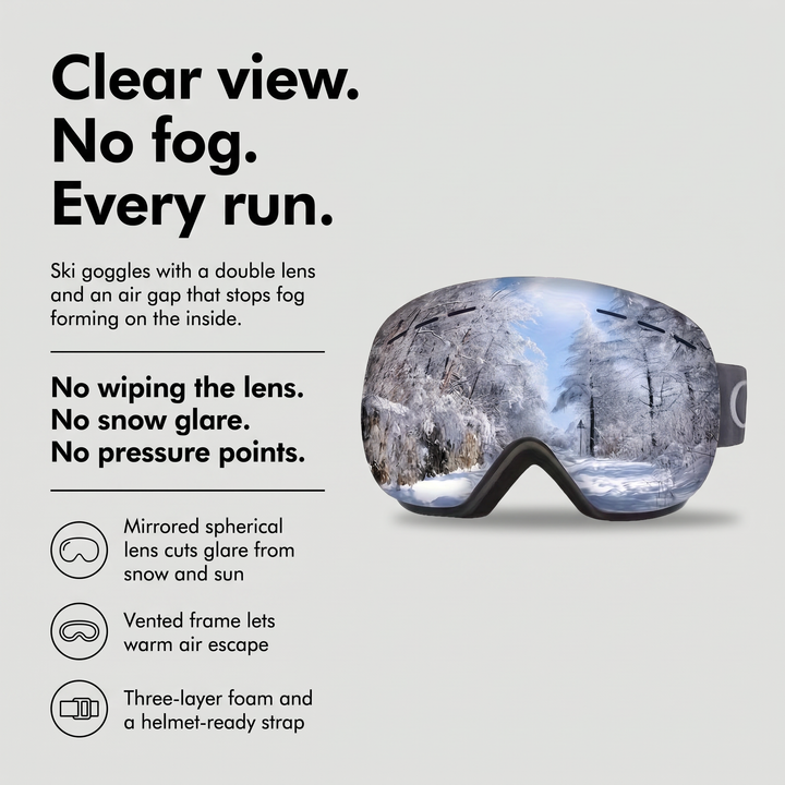 Ski goggles with double anti-fog lens, vented frame and helmet-ready strap