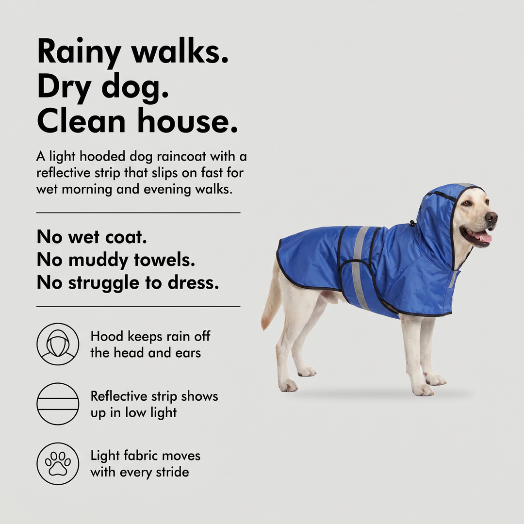 Hooded dog raincoat with reflective strip and light fabric for rainy walks