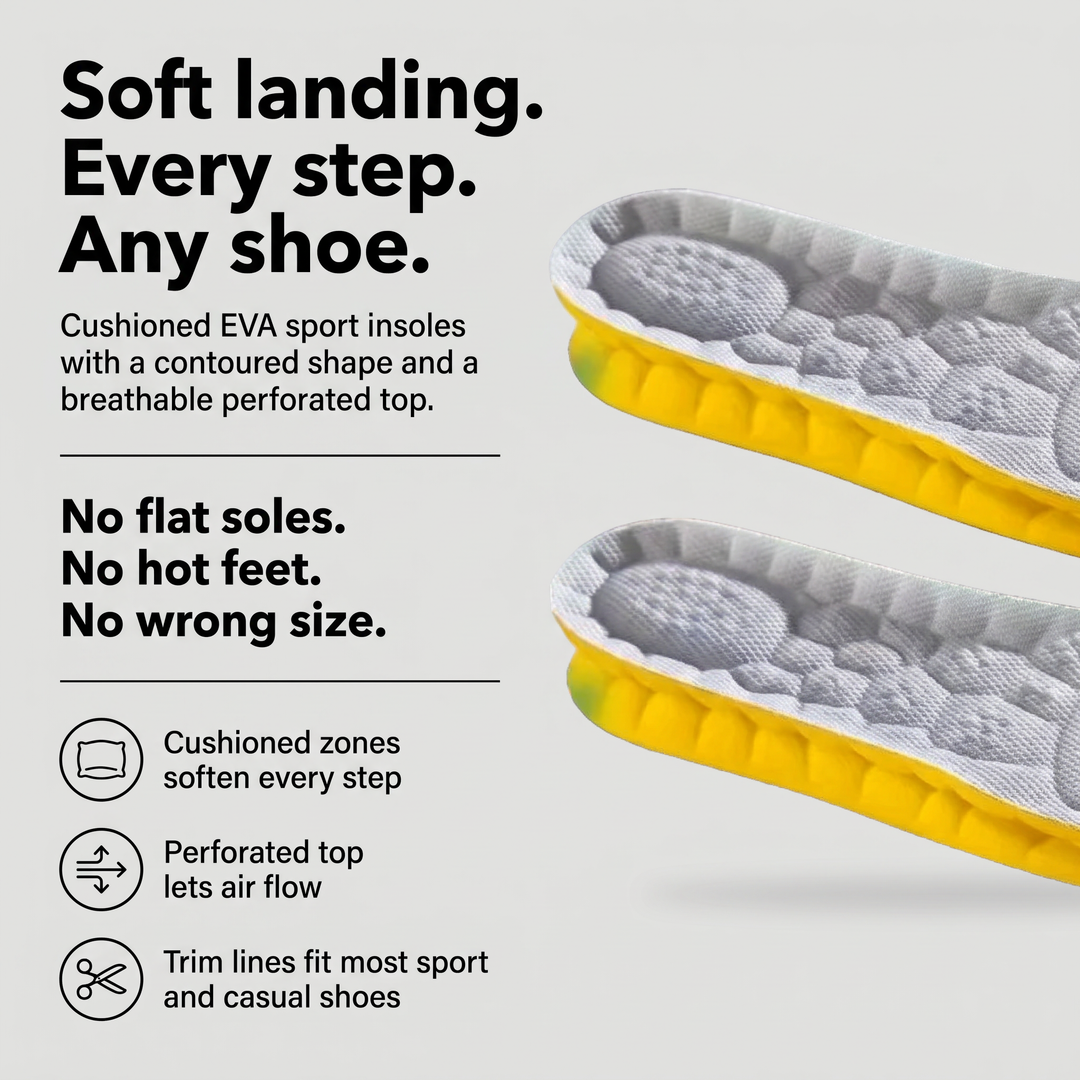 Shoe insoles benefits: cushioned zones, perforated breathable top and trim lines for most shoes