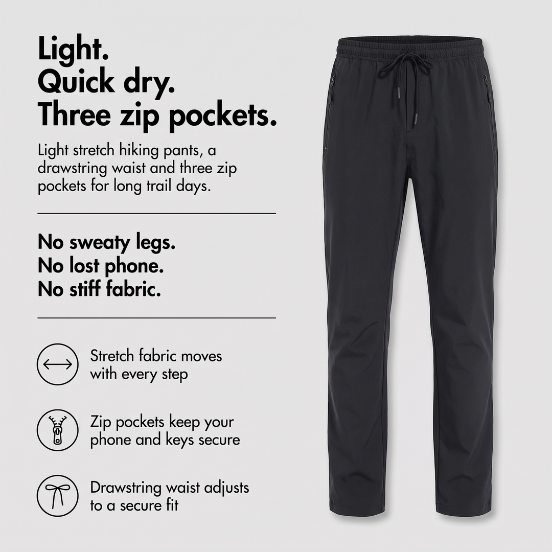 Men's lightweight hiking pants with stretch fabric, zip pockets and drawstring waist