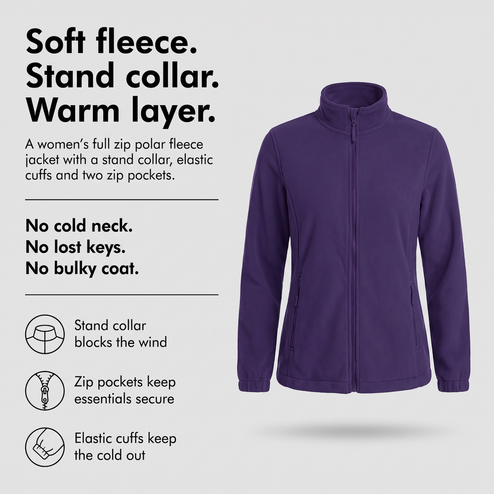 Women's fleece jacket with stand collar, zip pockets and elastic cuffs