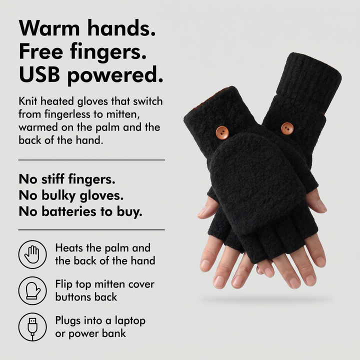 USB heated gloves that switch from fingerless to mitten and heat the palm and back of the hand