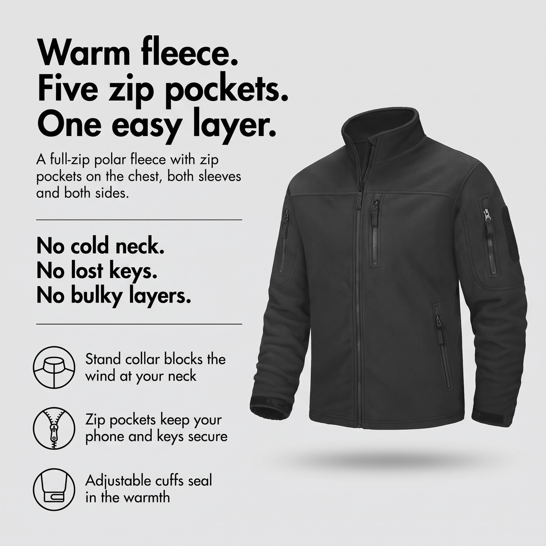 Men's tactical fleece jacket with stand collar, five zip pockets and adjustable cuffs