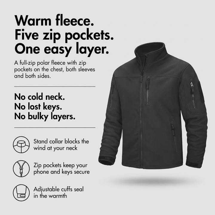Men's tactical fleece jacket with stand collar, five zip pockets and adjustable cuffs