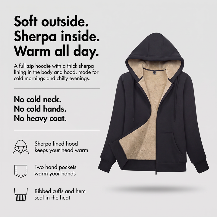 Women's zip up hoodie with sherpa lined hood, hand pockets and ribbed cuffs