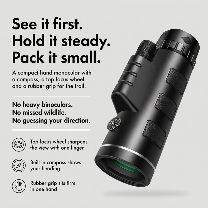 Compact monocular with top focus wheel, built-in compass and rubber grip