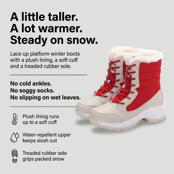 Platform winter boots benefits: plush lining with soft cuff, water-repellent upper and treaded rubber sole