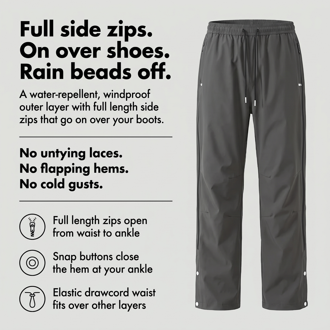 Rain pants with full length side zips, snap hems and elastic drawcord waist