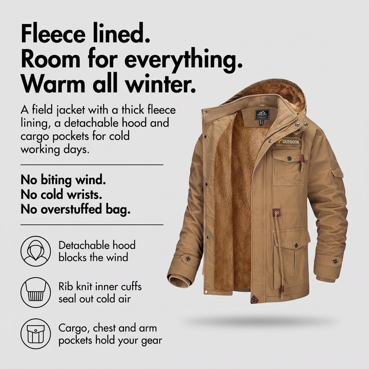 Men's field jacket with fleece lining, detachable hood and cargo pockets
